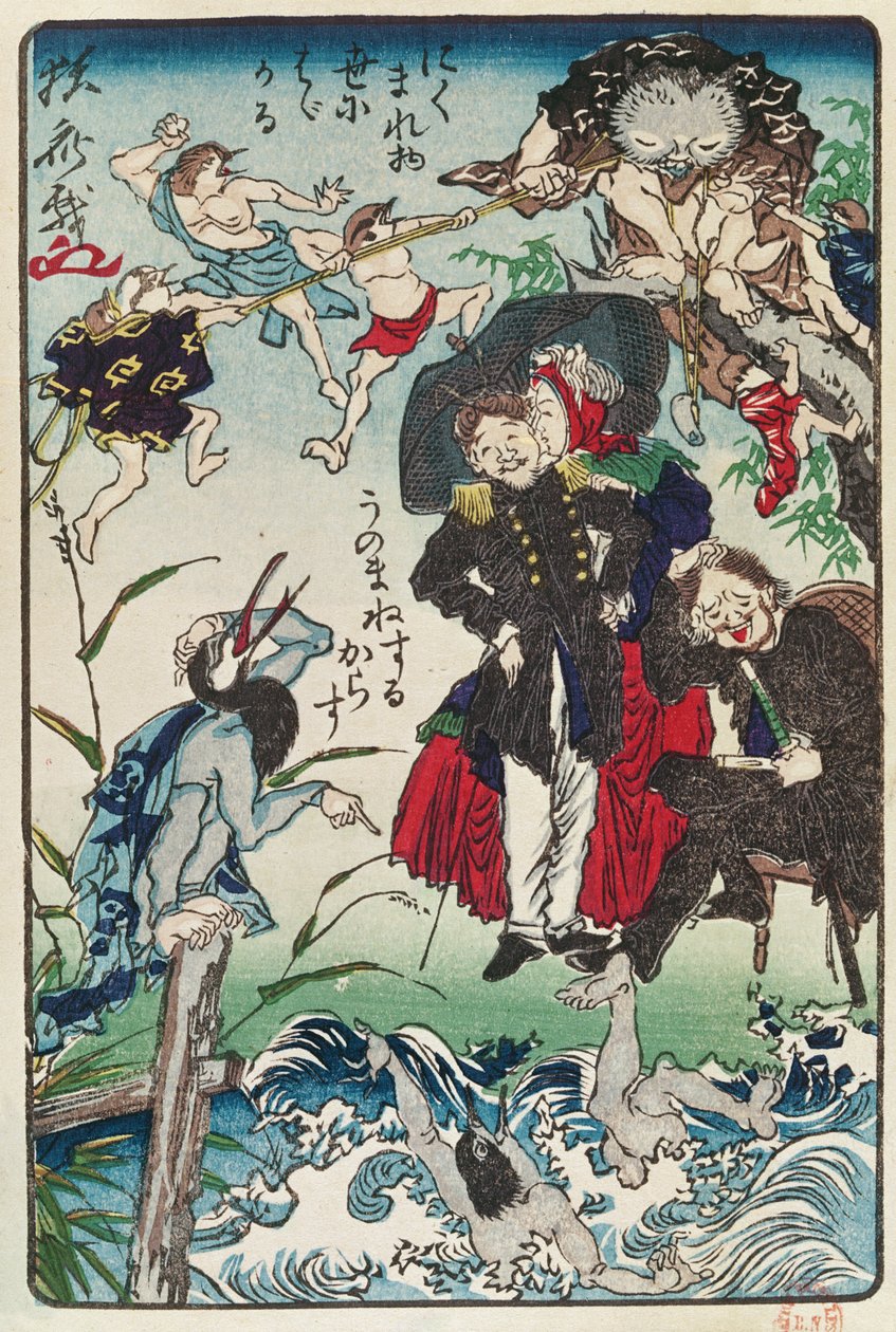 Karikatur av japanere iført vestlige klær, ca. 1870 (farget treblokktrykk) av Japanese School