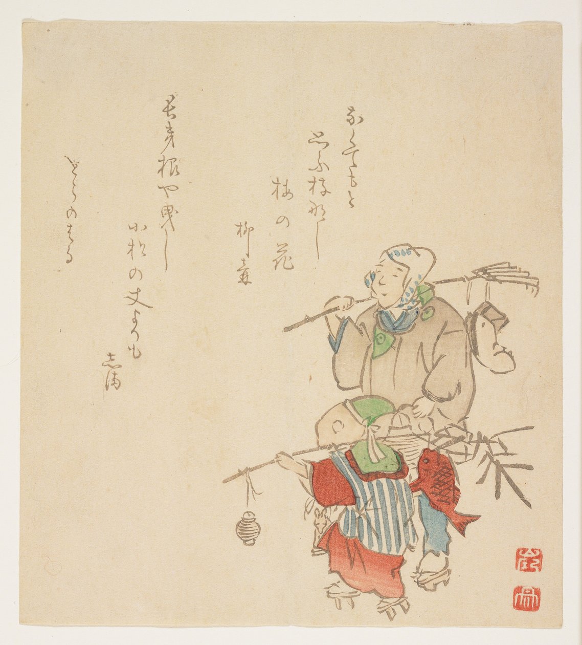 Bærer nyttårsdekorasjonen, januar 1854 (farget treblokktrykk) av Japanese School