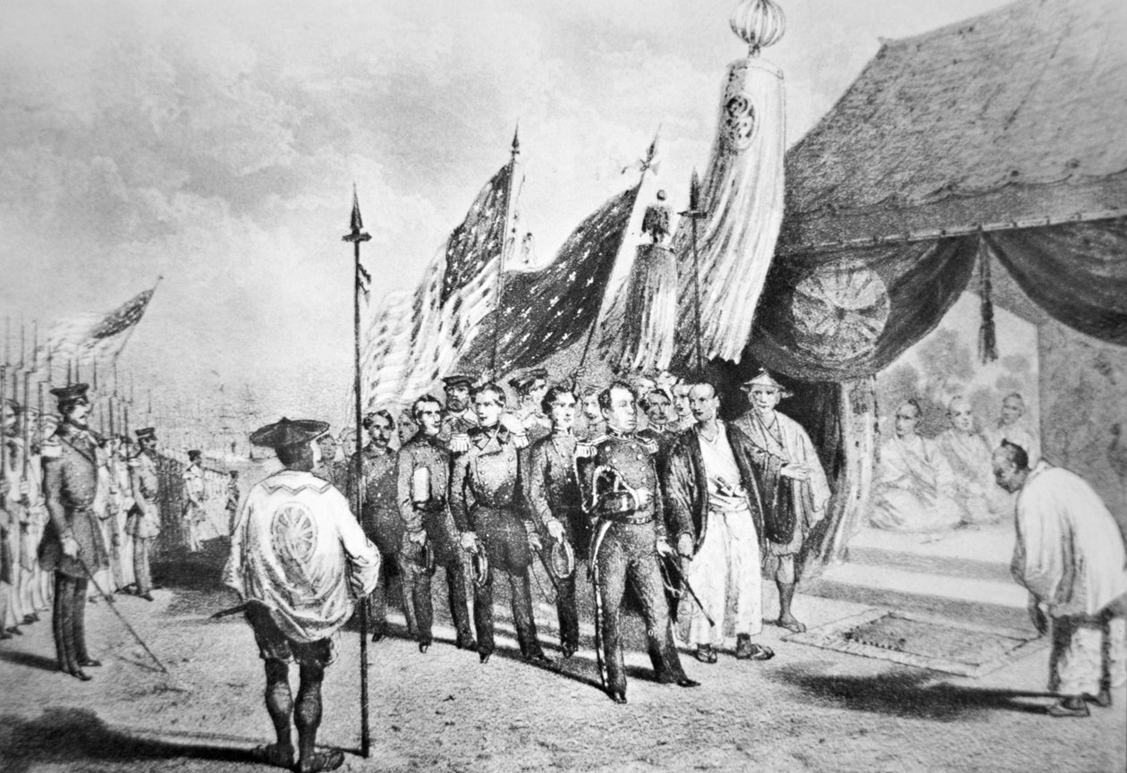 Commodore Perry i Japan i 1853 og møtte keiserlige kommissærer i Yokohama av Japanese School