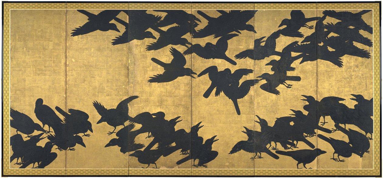Kråker, tidlig på 1600-tallet (par med seks panelskjermer; blekk og gull på papir) av Japanese School