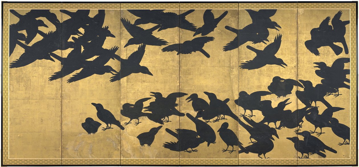 Kråker, tidlig på 1600-tallet (par med seks panelskjermer; blekk og gull på papir) av Japanese School