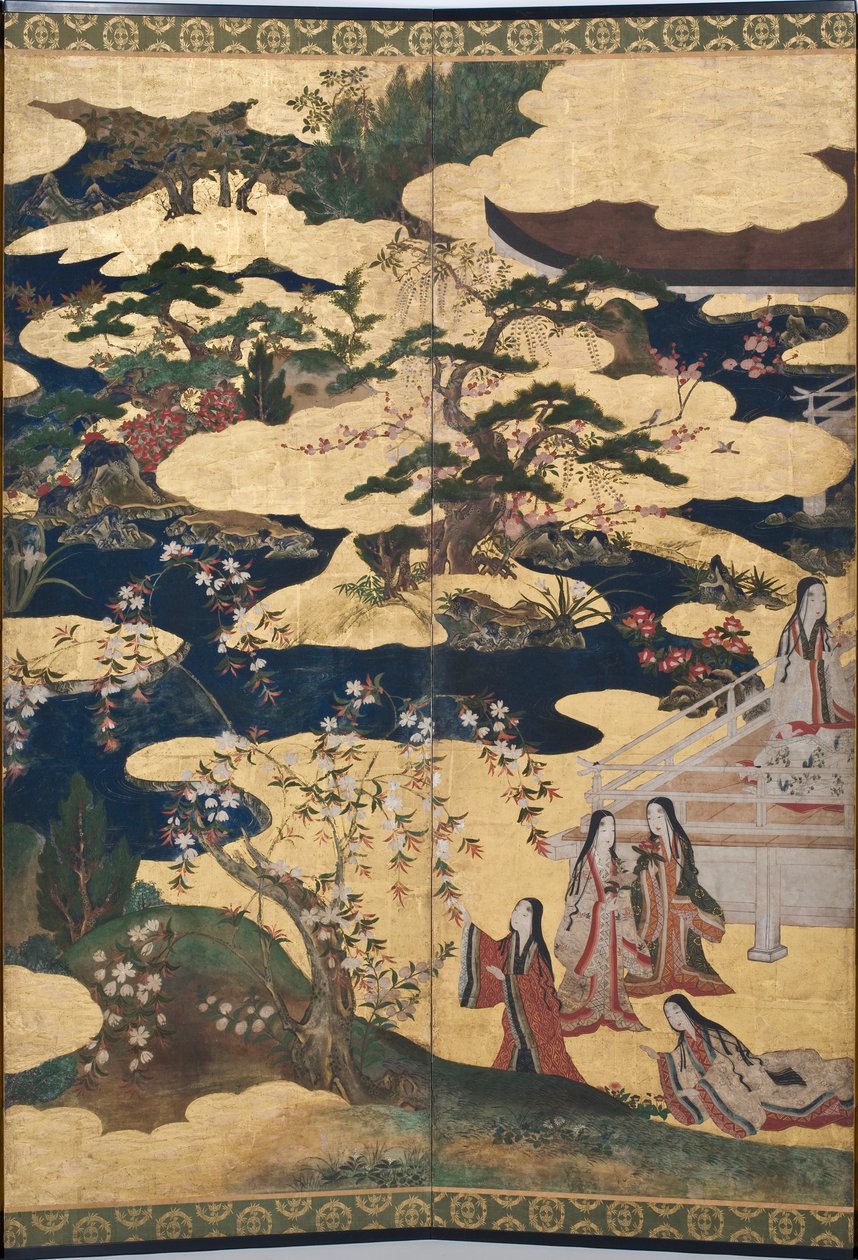 Detalj av våren i palasset, seksdelt skjerm fra The Tale of Genji, ca. 1650 (blekk, farger og gull på papir) av Japanese School