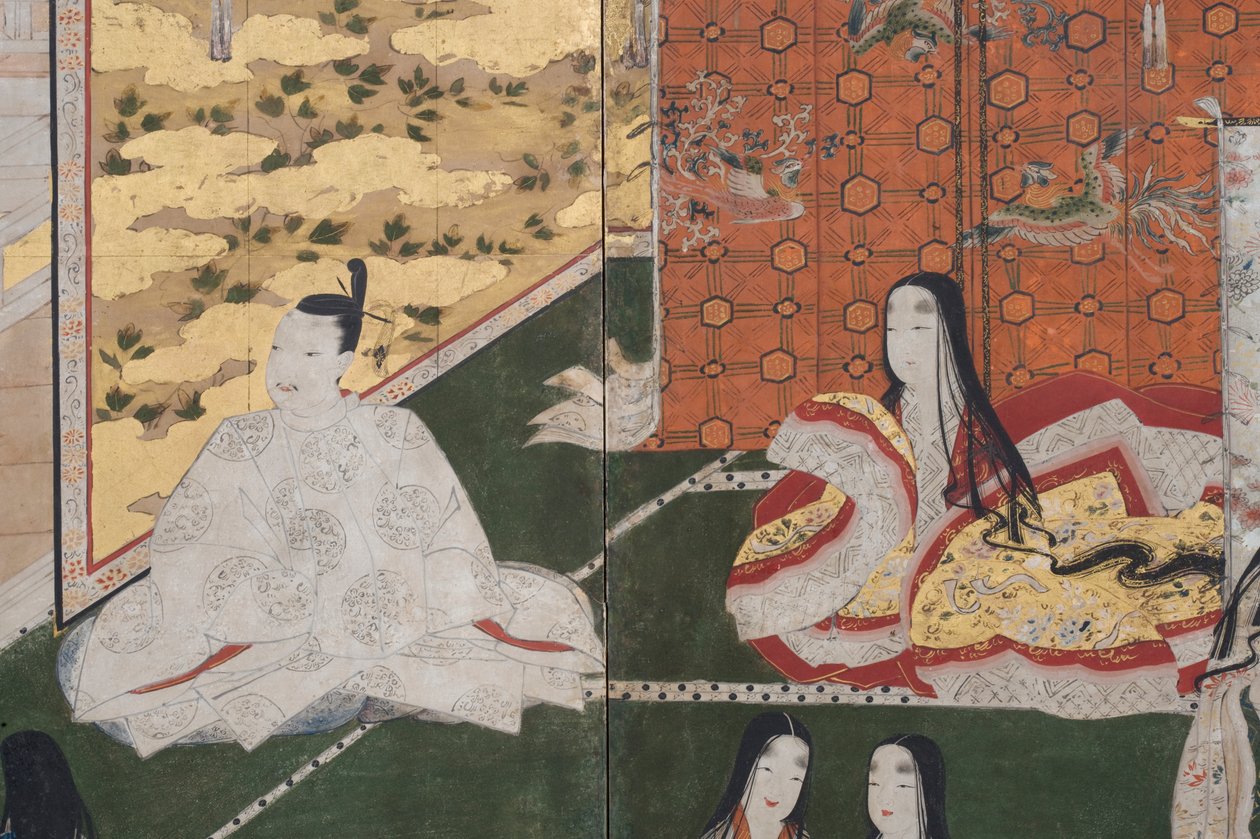 Detalj av våren i palasset, seksdelt skjerm fra The Tale of Genji, ca. 1650 (blekk, farger og gull på papir) av Japanese School