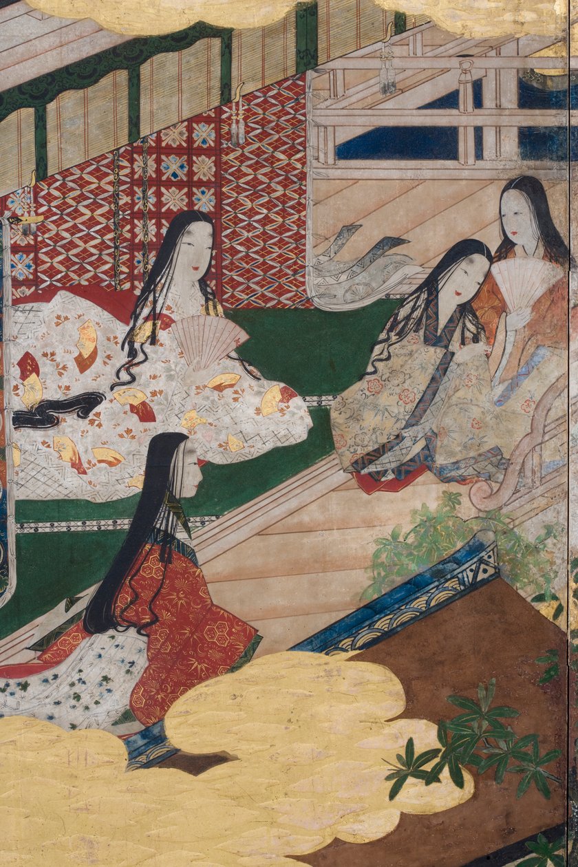 Detalj av våren i palasset, seksdelt skjerm fra The Tale of Genji, ca. 1650 (blekk, farger og gull på papir) av Japanese School