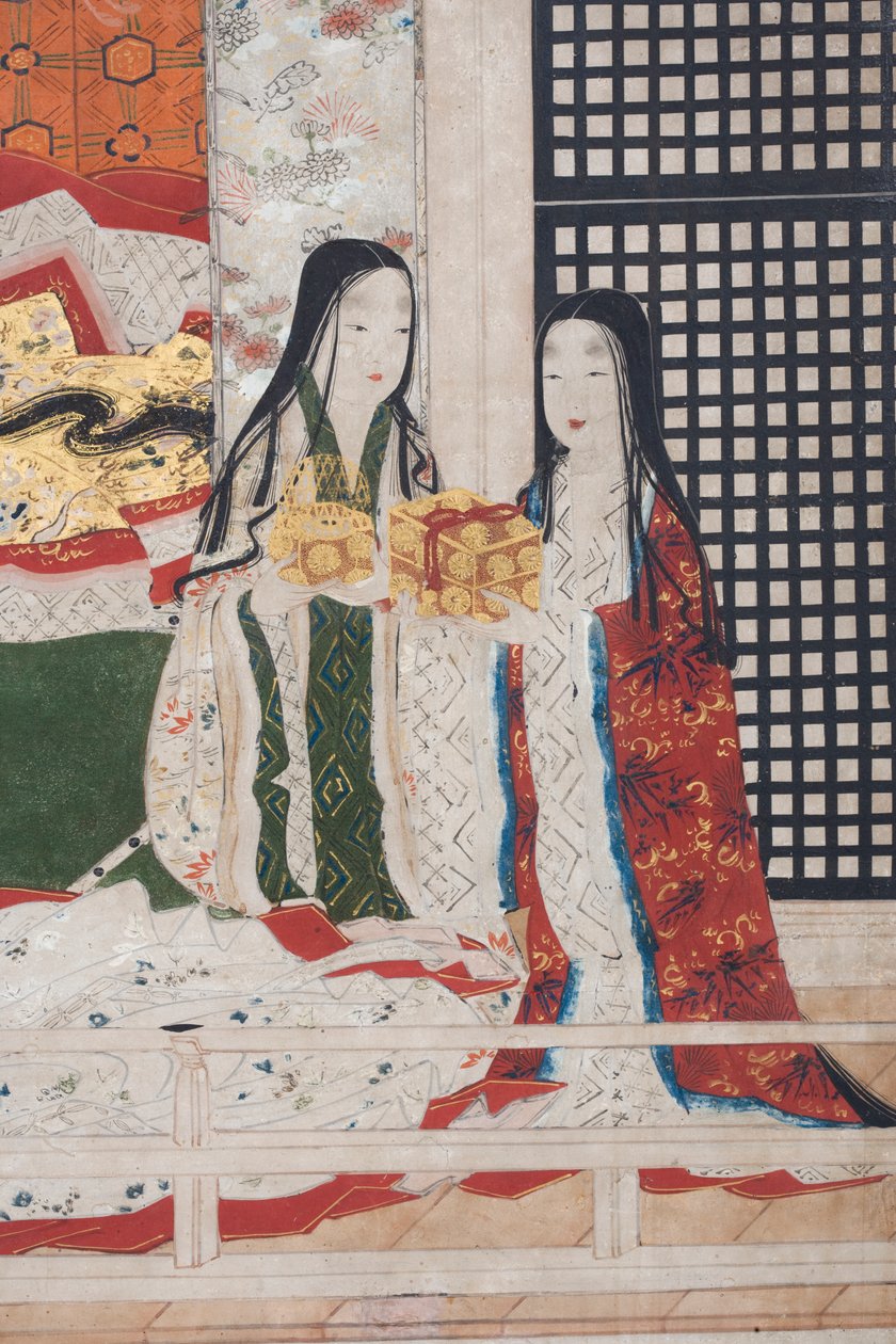 Detalj av våren i palasset, seksdelt skjerm fra The Tale of Genji, ca. 1650 (blekk, farger og gull på papir) av Japanese School
