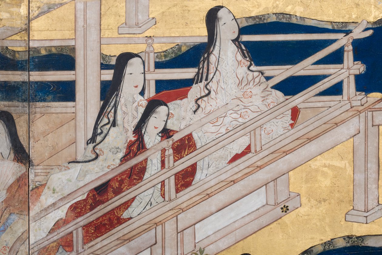 Detalj av våren i palasset, seksdelt skjerm fra The Tale of Genji, ca. 1650 (blekk, farger og gull på papir) av Japanese School
