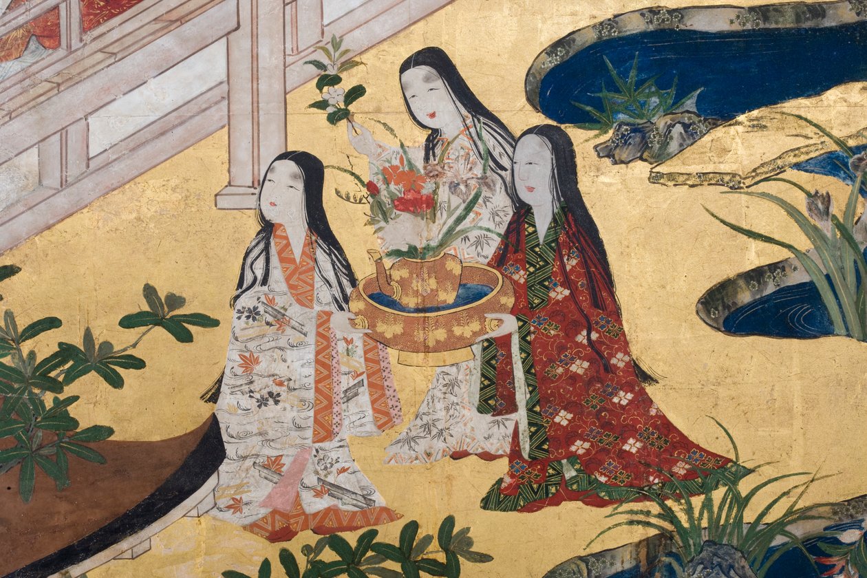 Detalj av våren i palasset, seksdelt skjerm fra The Tale of Genji, ca. 1650 (blekk, farger og gull på papir) av Japanese School