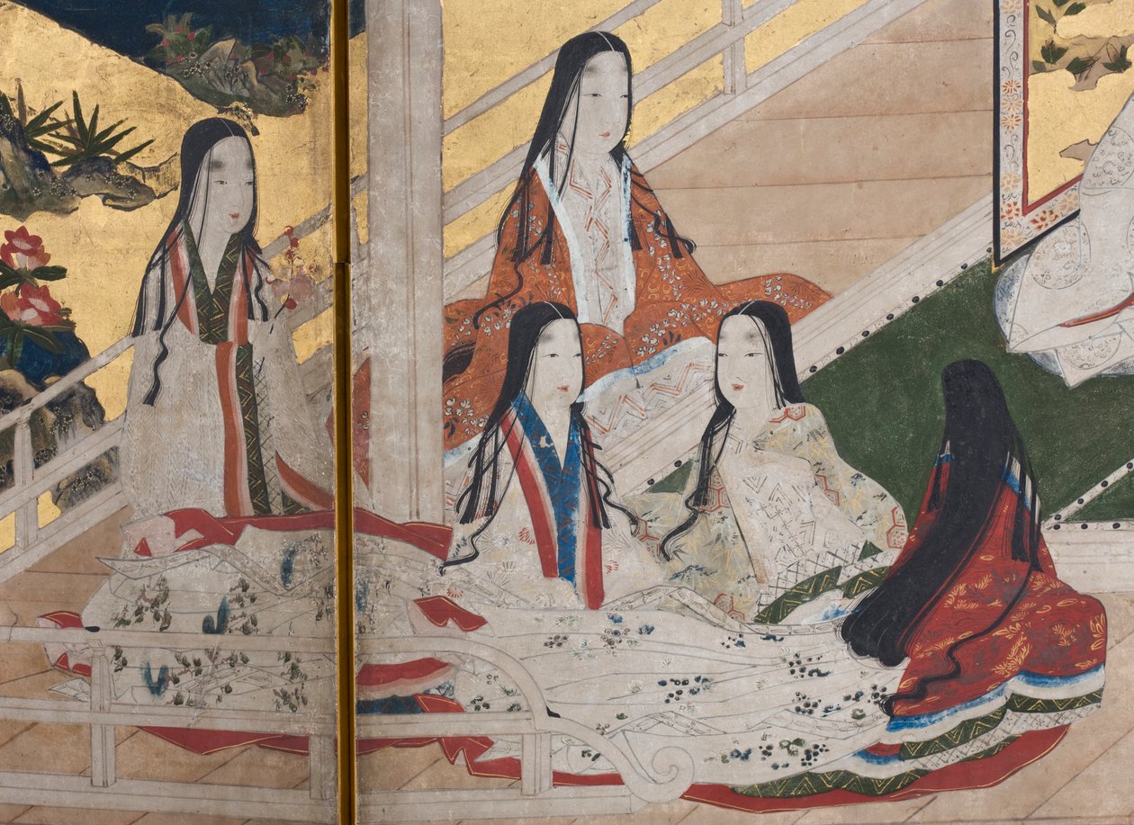 Detalj av våren i palasset, seksdelt skjerm fra The Tale of Genji, ca. 1650 (blekk, farger og gull på papir) av Japanese School