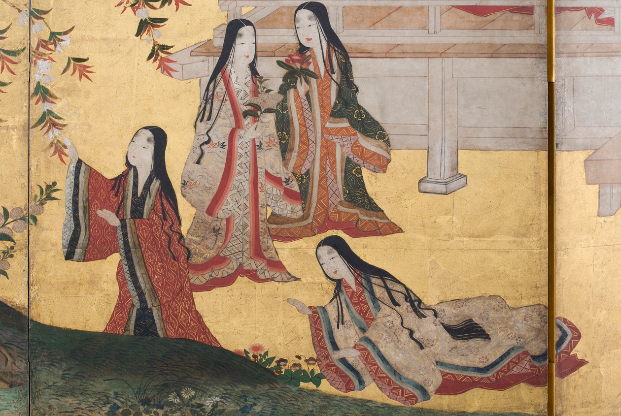 Detalj av våren i palasset, seksdelt skjerm fra The Tale of Genji, ca. 1650 (blekk, farger og gull på papir) av Japanese School