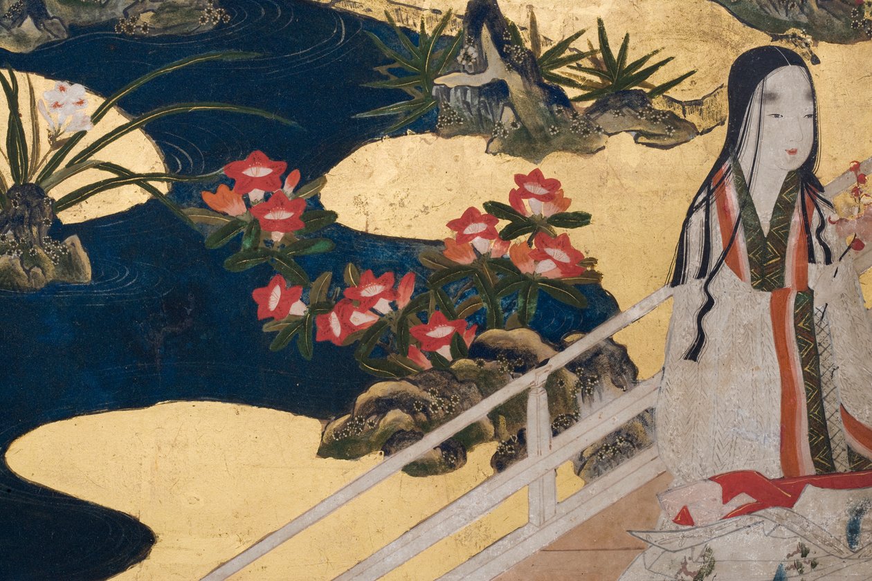 Detalj av våren i palasset, seksdelt skjerm fra The Tale of Genji, ca. 1650 (blekk, farger og gull på papir) av Japanese School