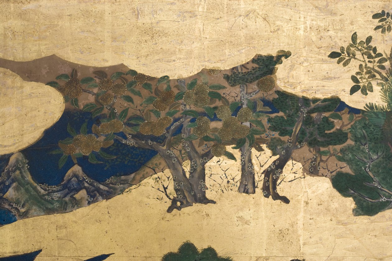 Detalj av våren i palasset, seksdelt skjerm fra The Tale of Genji, ca. 1650 (blekk, farger og gull på papir) av Japanese School