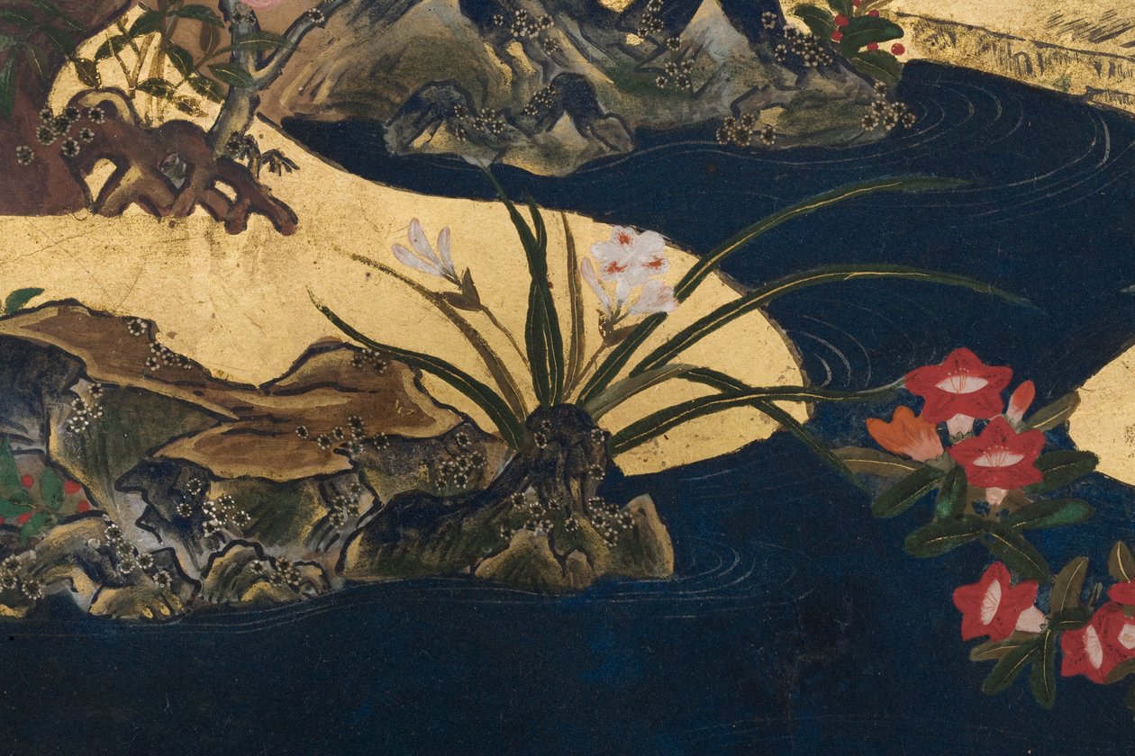 Detalj av våren i palasset, seksdelt skjerm fra The Tale of Genji, ca. 1650 (blekk, farger og gull på papir) av Japanese School