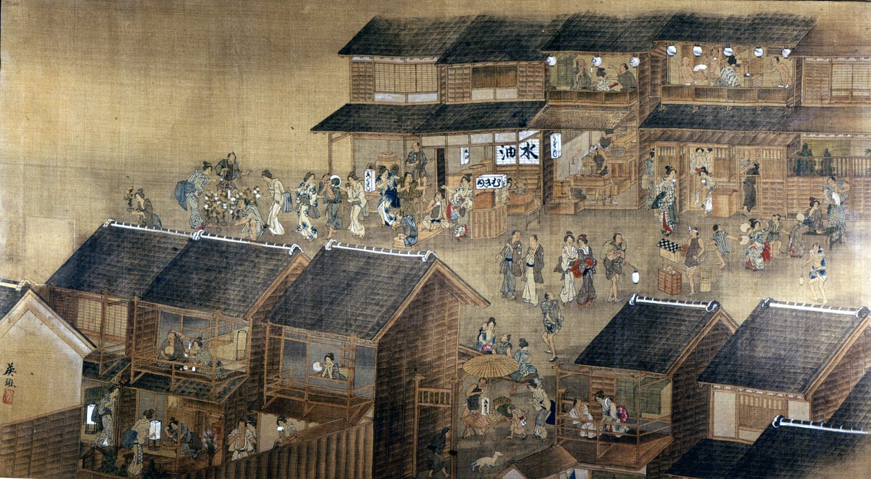 Edo by Night (blekk og farge på papir) av Japanese School