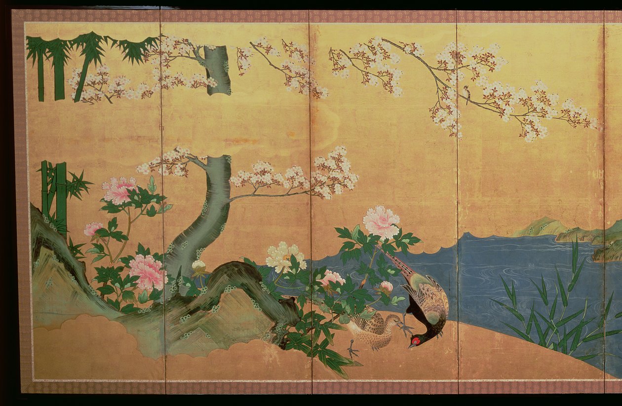 Egrets i en bekk med en øy av iris, Edo-perioden av Japanese School