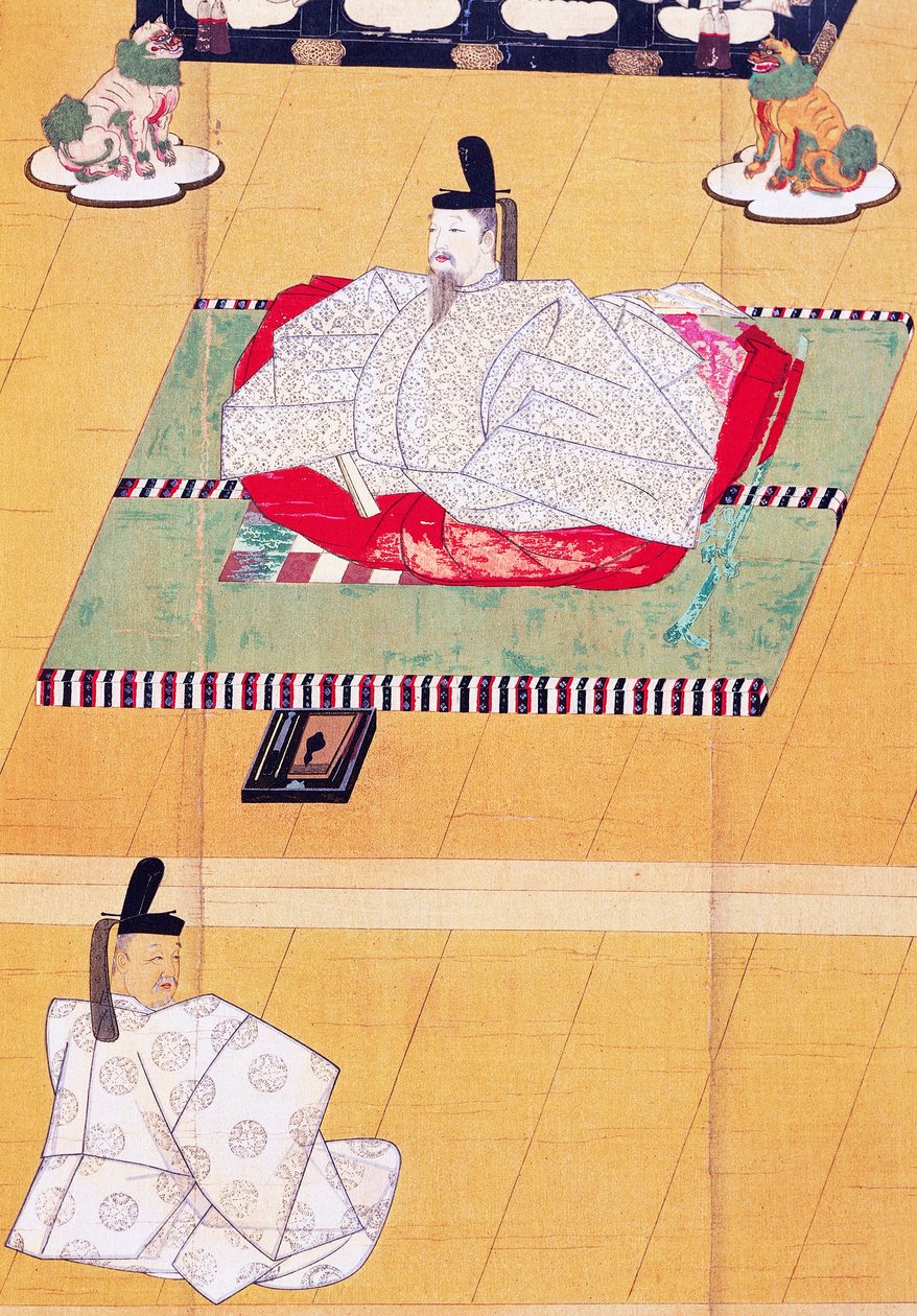Keiser Go-Daigo og minister Fujifusa, tresnitt, Kamakura-perioden (1185-1333), japansk sivilisasjon av Japanese School