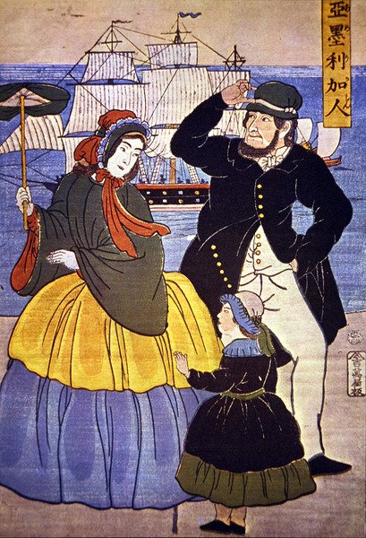 Europeisk familie ved Yokohama havnefront malt av en japansk kunstner i 1861 av Japanese School