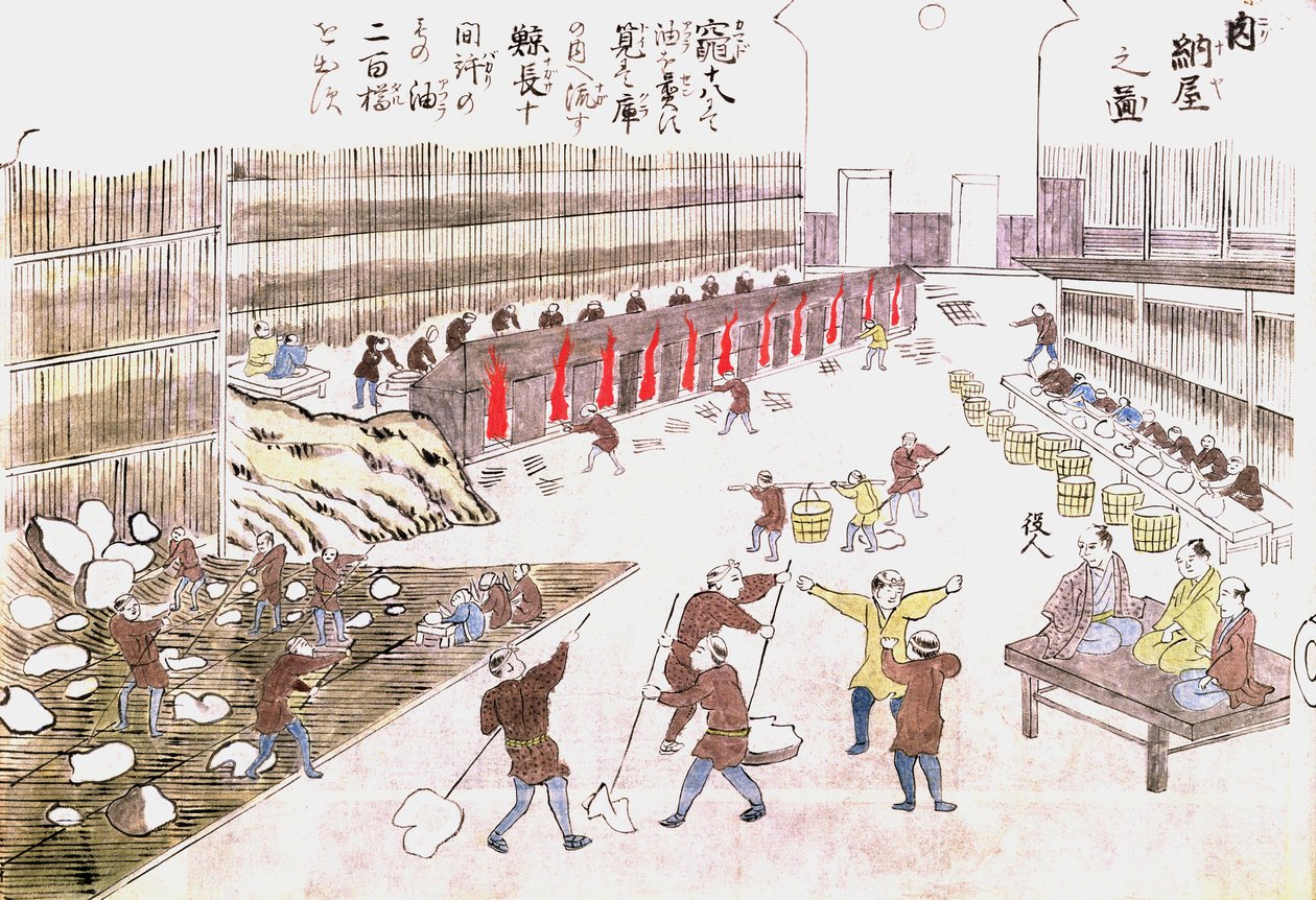 Fabrikk for tilberedning av hvalprodukter, sent på 1800-tallet (fargegravering) av Japanese School