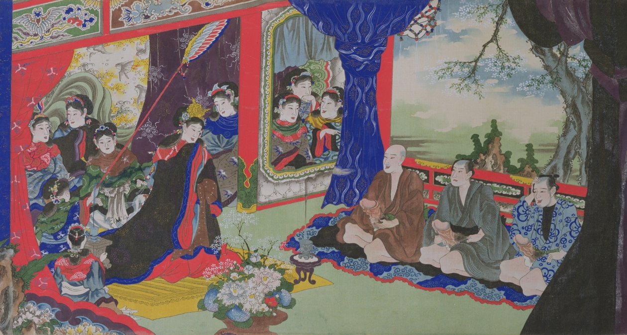 Fiskere som viser penisene sine til keiserinnen og hoffet hennes, fra en erotisk historie om fiskere som ble forliste på en øy bebodd av kvinner (håndfarget gravering) av Japanese School