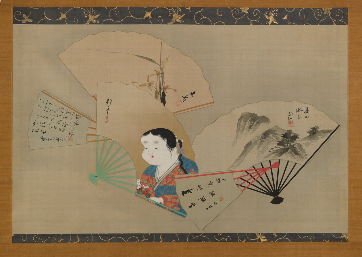 Five Fans, av Sakai Hoitsu (1761-1828), Tani Buncho (1763-1840), Haruki Nanko (1759-1839), Kameda Bosai (1752-1826) og Kikuchi Gozan (1772-1855), ca. 1820-årene (hengende rulle ), blekk, gofun og gull på silke) av Japanese School