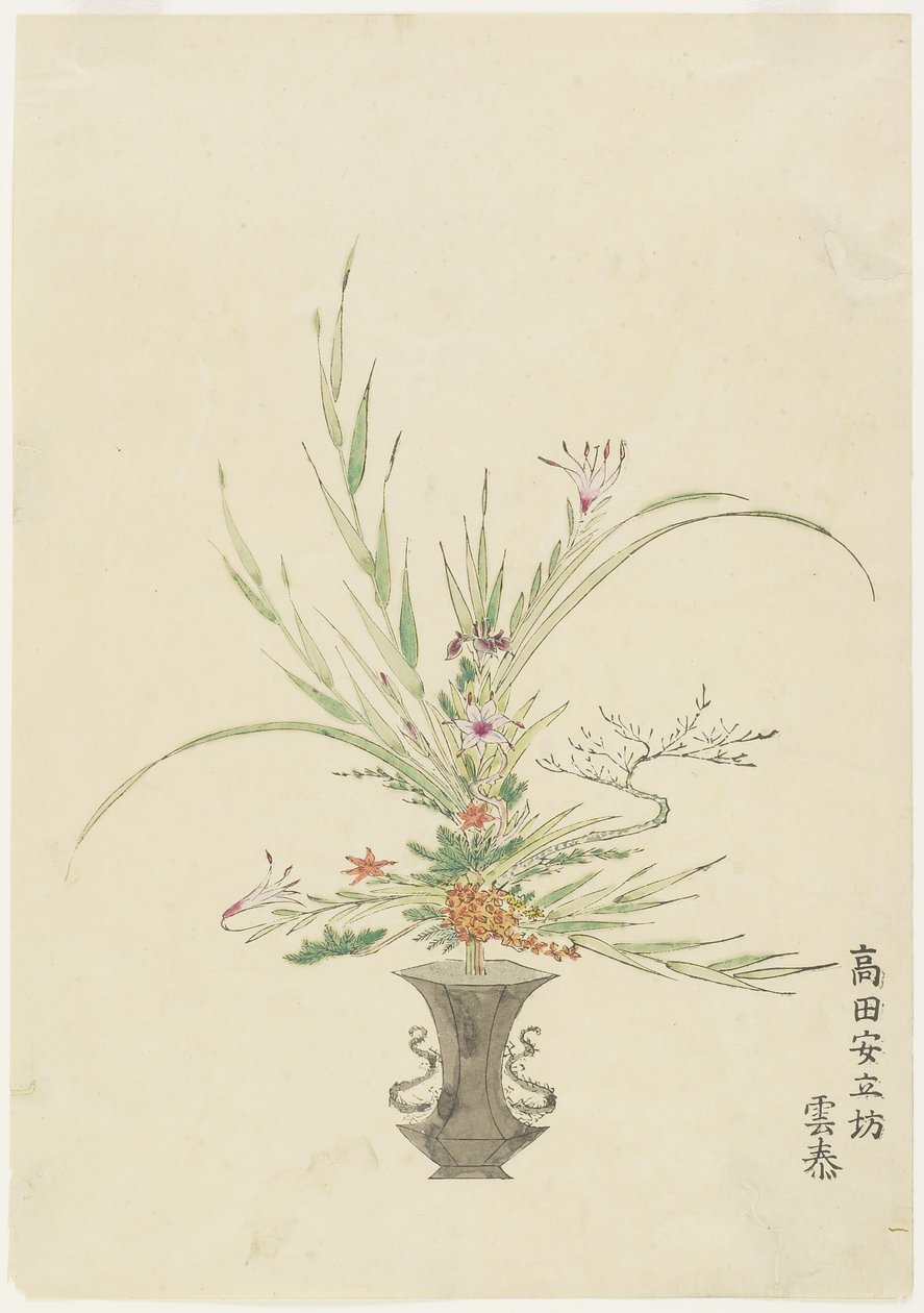 Blomsterarrangement av Takada Anritsub?; Liljer og klokkeblomster (håndfarget treblokktrykk) av Japanese School
