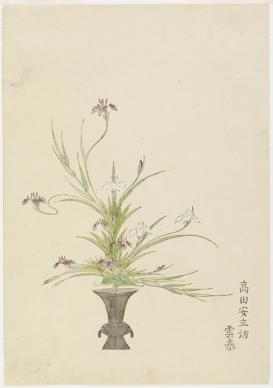 Blomsterarrangement av Takada Anritsub? Untai, iris (håndfarget treblokktrykk) av Japanese School