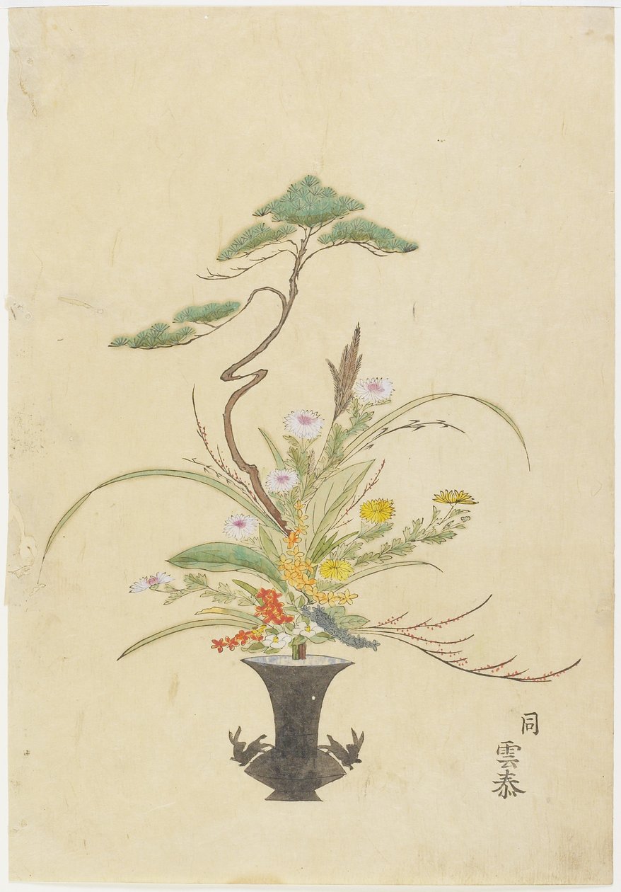 Blomsterarrangement av Takada Anritsub? Untai; Furu, krysantemum og kamelia (håndfarget treblokktrykk) av Japanese School
