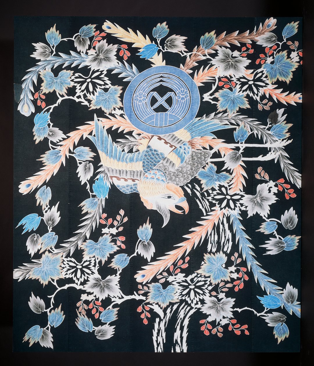 Futonji sengeteppe med motiver av phoenix, paulownia og påskeliljer, bomull, fargestoff med indigo, pigment og blekk av Japanese School