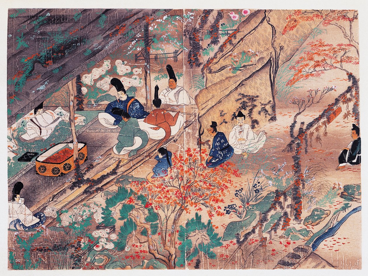 Heian statsmann og poet Sugawara Michizane (845-903), kjent som Tenjin-San (himmelsk ånd), i eksil i Kitano Tenman-Gu-helligdommen i Kyoto og deler klær donert av en gang keiser, Fujiwara Nobuzane (1176-1268), Kamakura periode (1185-1333), Japan av Japanese School