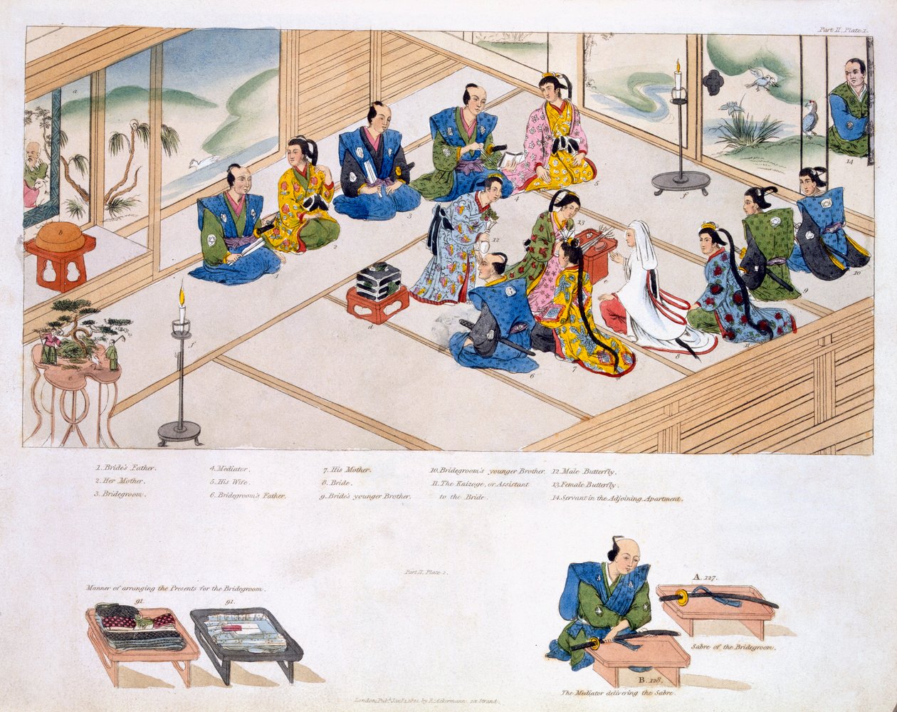 Japansk ekteskap: de to familiene møtes, med mekler, pub. 1824. av Japanese School