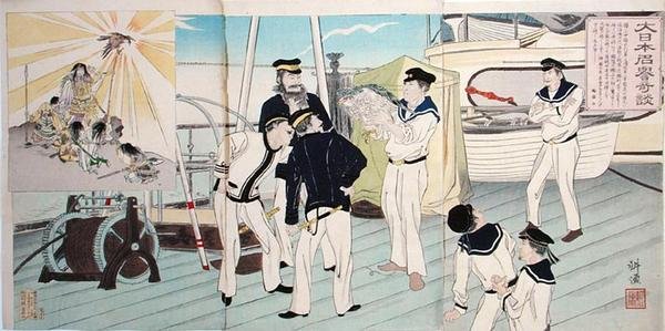Japanske sjømenn som beundrer deres Eagle Mascot, en episode fra den kinesisk-japanske krigen, sent på 1800-tallet (farget treblokktrykk) av Japanese School