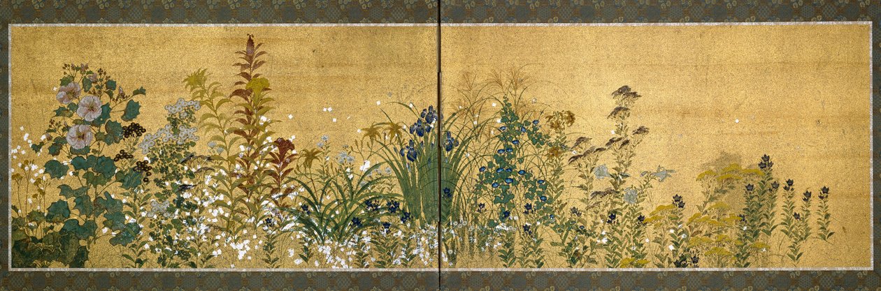 Japansk kunst: skjermpaneler dekorert med blomster. Stilen til skolen i Rimpa (1596-1615). Maling på silke. Dim. 65x189 cm Privat samling av Japanese School