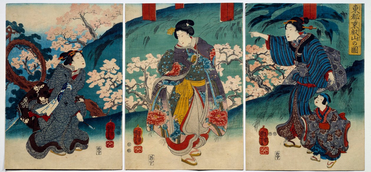 Japansk kunst: kvinner om våren. 1800-talls trykk privat samling av Japanese School