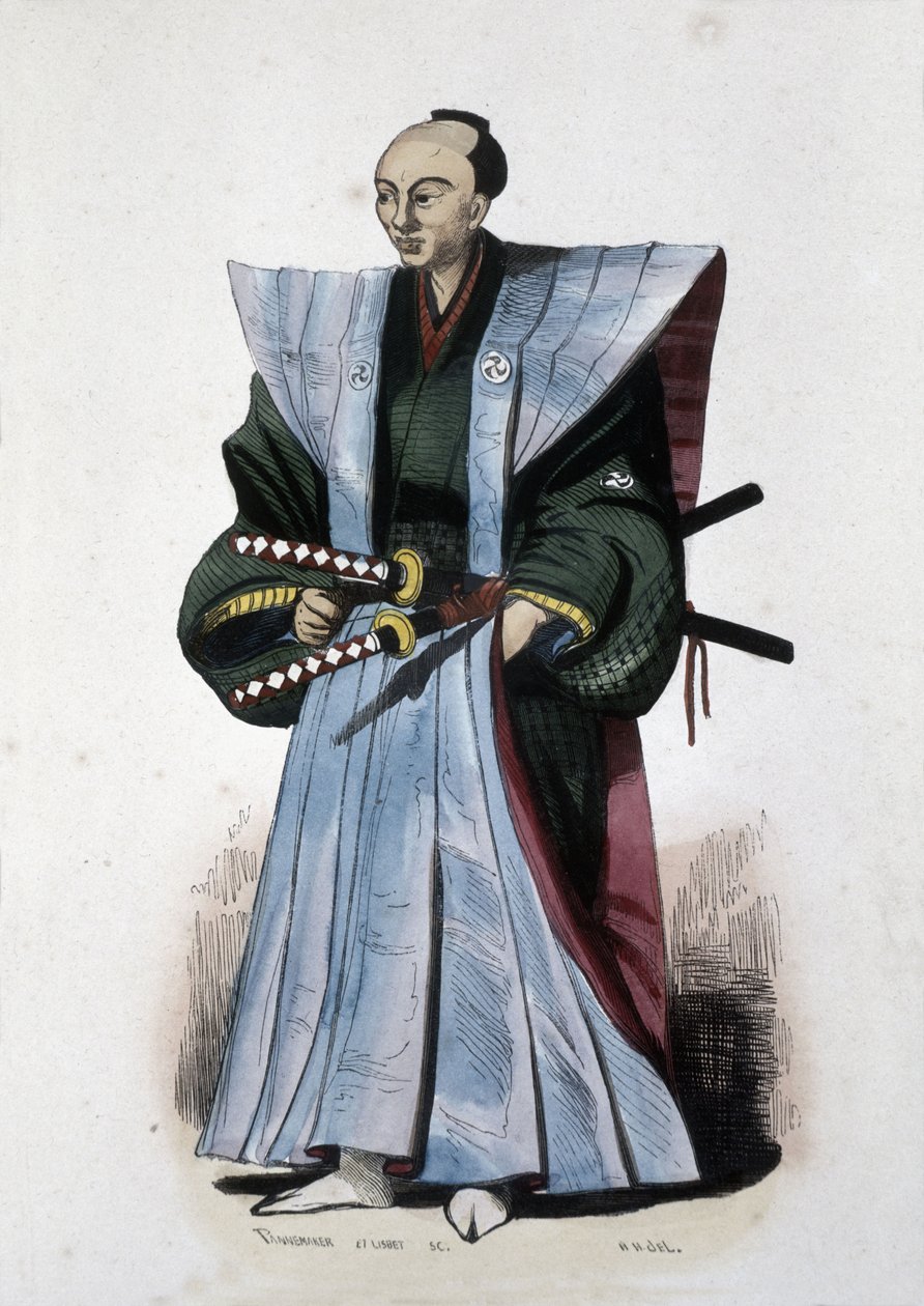 Japansk adelsmann med våpen og seremoniell antrekk, 1860 (gravering) av Japanese School