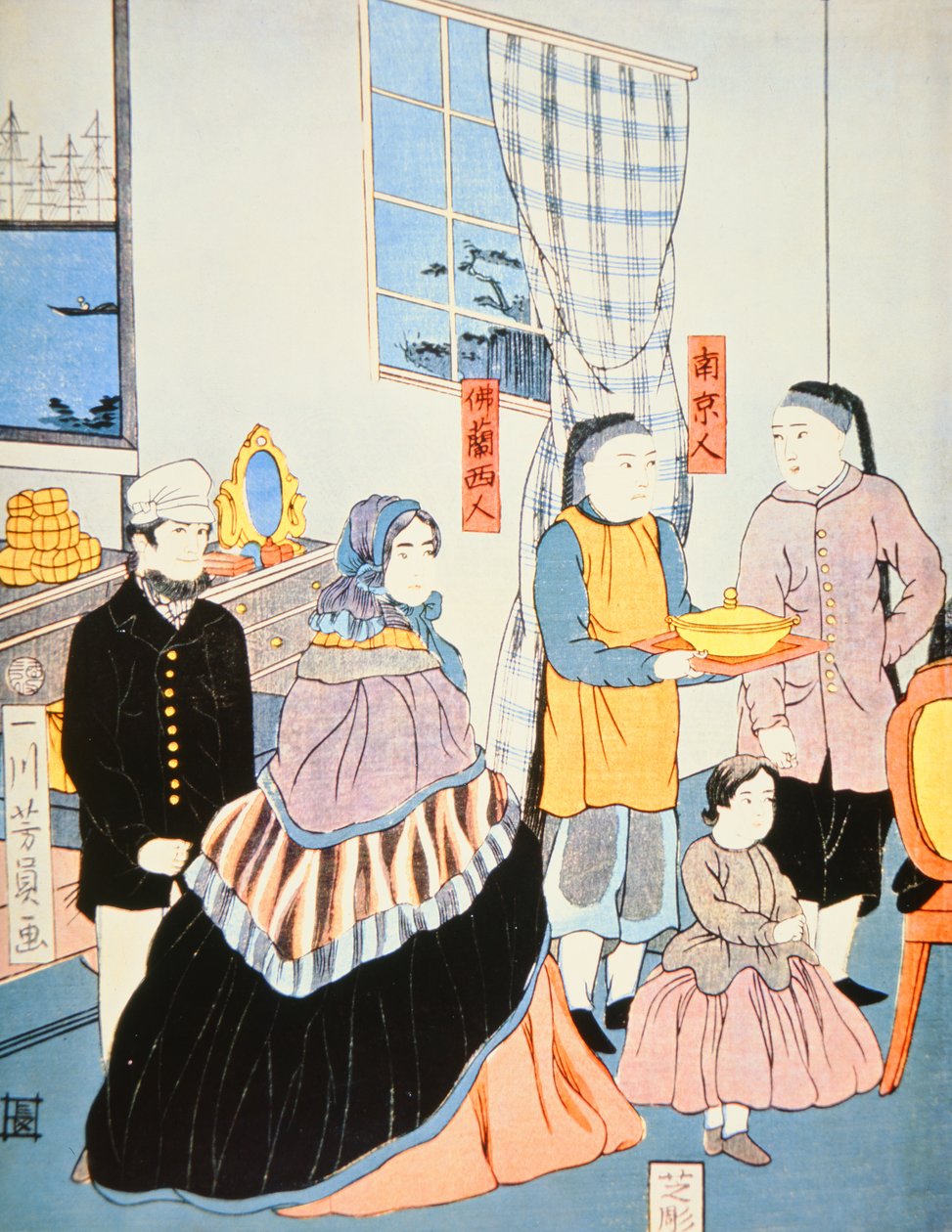 Japansk trykk ca. 1870 som viser europeiske besøkende til Japan (farget treblokktrykk) av Japanese School