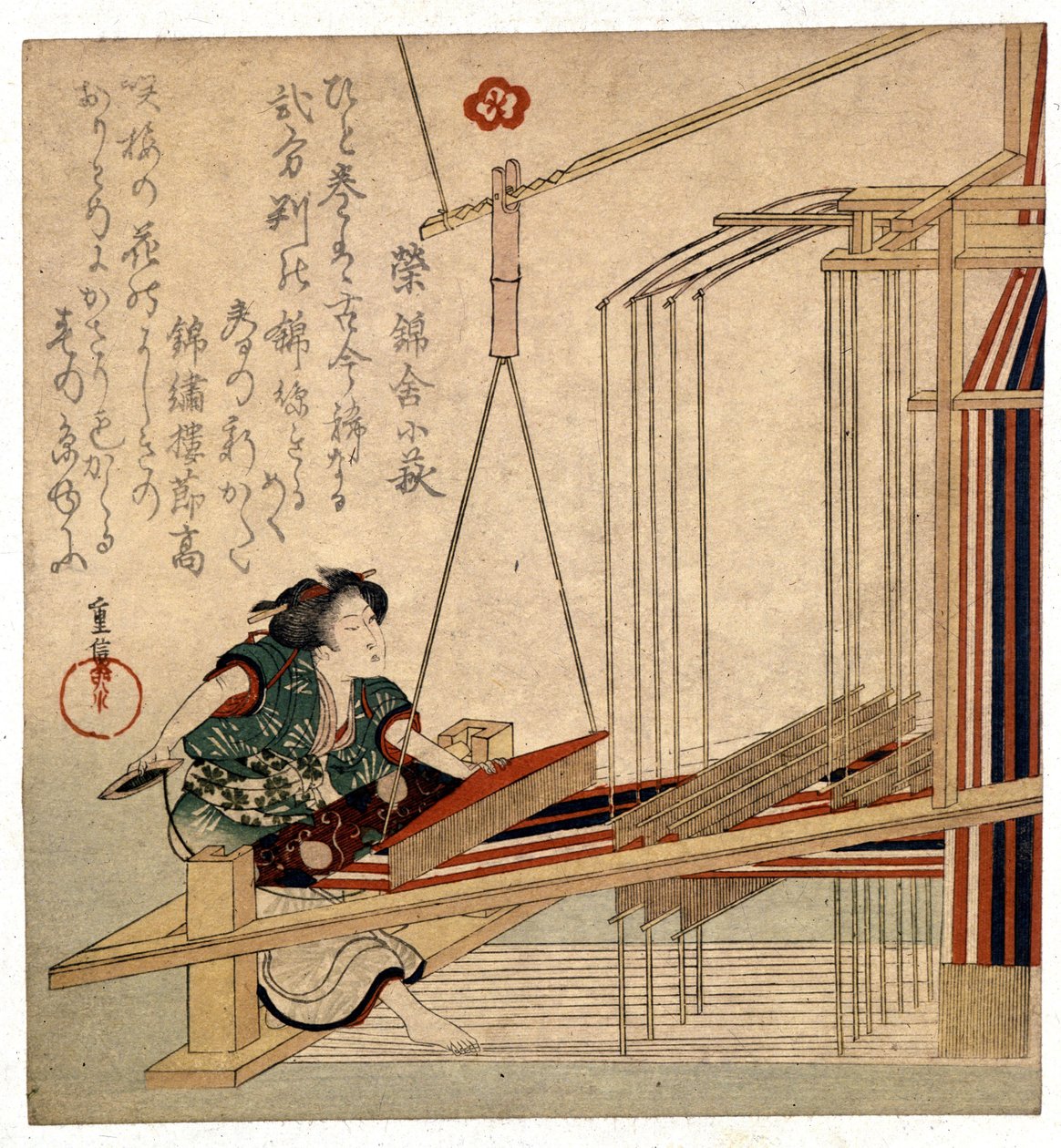 Japansk kvinne med vevstolen sin, trykk sent på 1800-tallet. Gener. Museo Chiossone av Japanese School