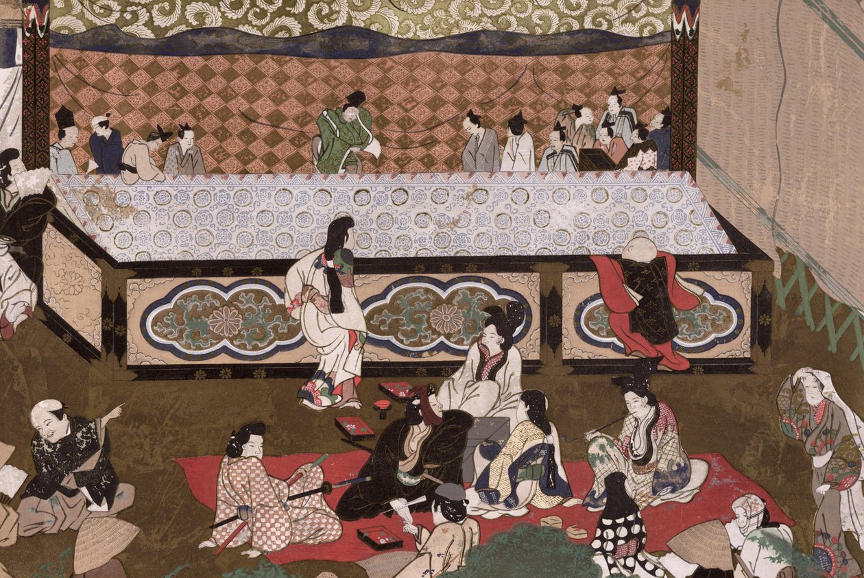 Kabuki teater på en messe i Kyoto, illustrasjon etter et 17. maleri fra 