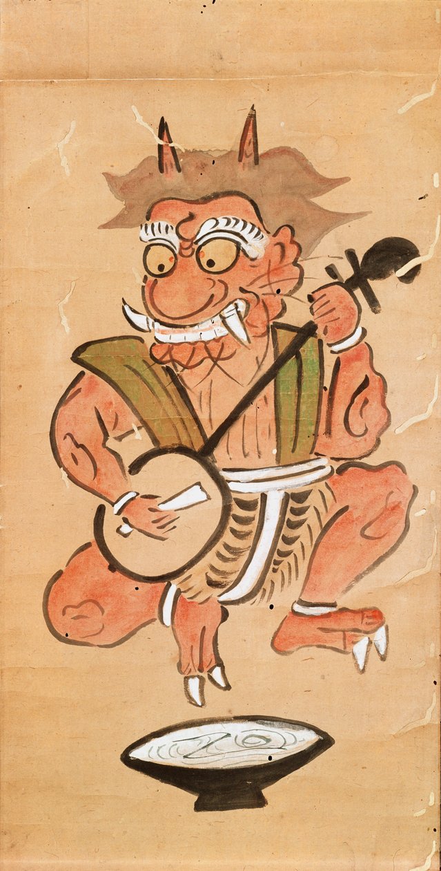 Kakemono som viser en djevel som spiller shamisen (blekk og farge på papirrull) av Japanese School