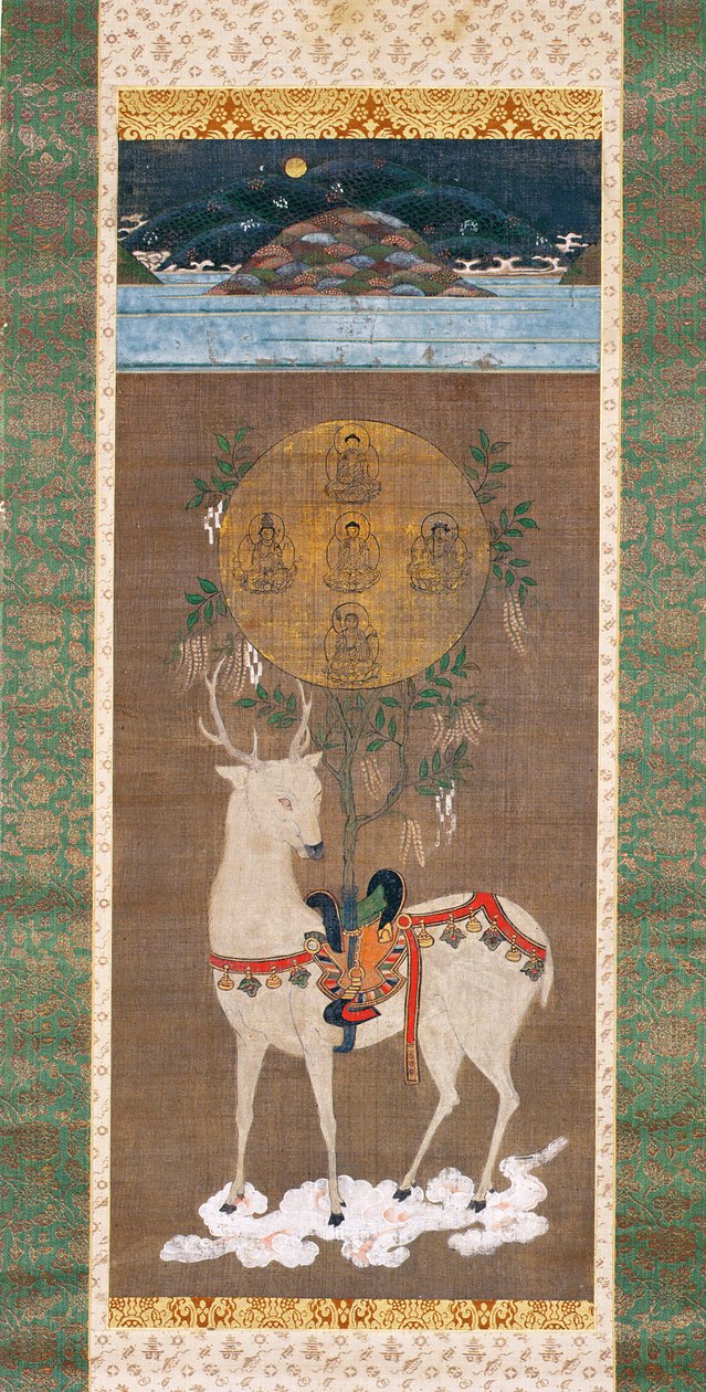 Kasuga hjort med mandala, Muromachi-perioden (1392-1573) (maleri på silke) av Japanese School