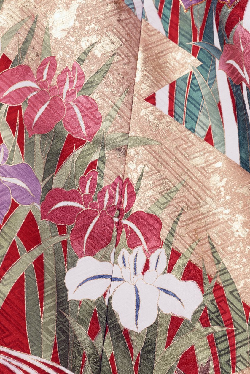 Kimono Furisode (bølgende ermer) båret av unge ugifte kvinner ved elegante anledninger og Maiko (lærling Geisha), glatt silke, Hinpaku-motiver, iris, detaljer, Kaga-Yuzen-farging, Tokamachi veverier, japansk sivilisasjon, 1900-tallet av Japanese School