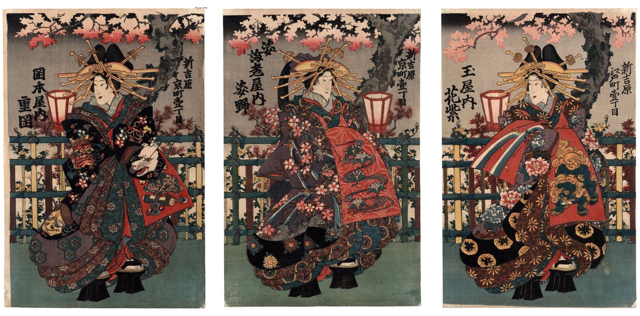 La courtisane Shigeoka de Okamoto-ya; La courtisane Sugatano de Sugataebi-ya; La courtisane Hanamurasaki de Tama-ya --Courtesaner Shigeoka, Sugatano og Hanamurasaki. Triptych. Fra serien The Beauties of the Yoshiwara --Anonymous --Mellom 1848 og 1 av Japanese School