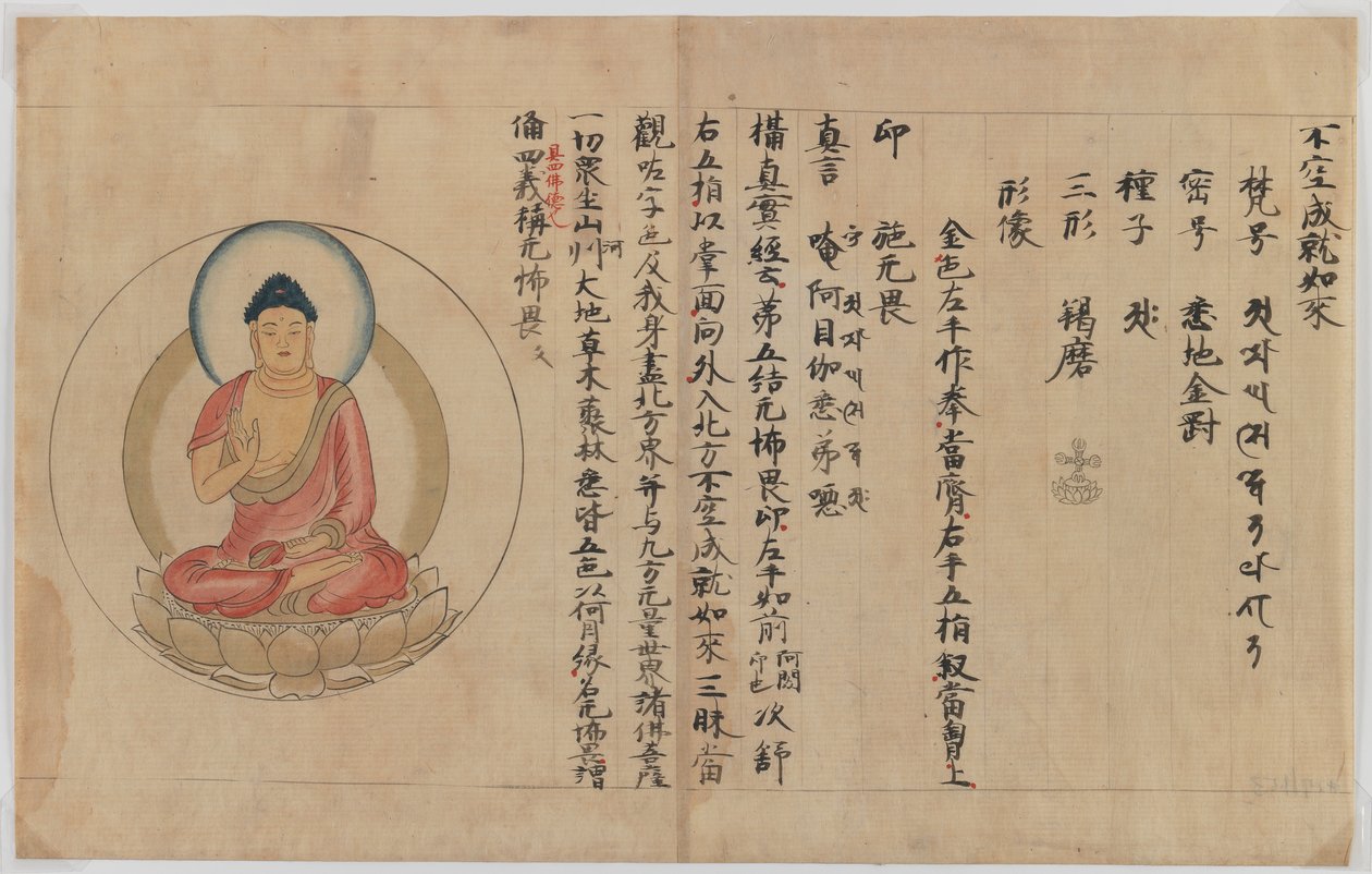 Manuskript og bilde av Buddha (blekk og farge på papir) av Japanese School