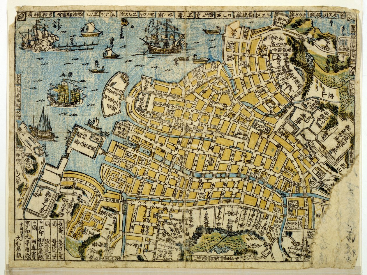 Kart over Nagasaki, ca. 1801 (fargetresnitt) av Japanese School