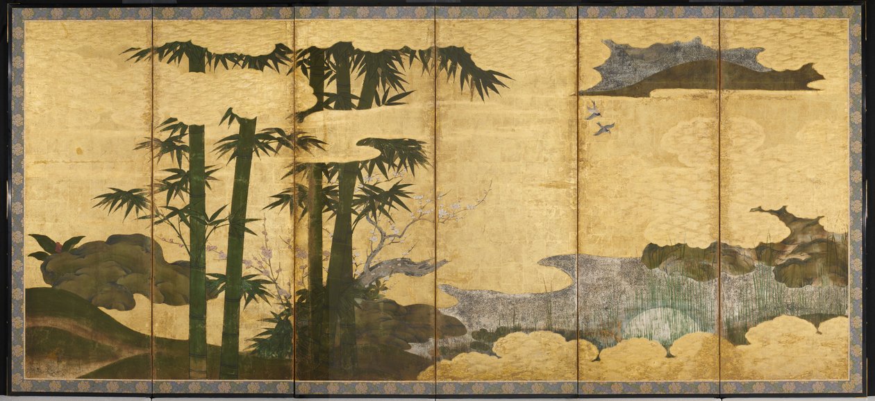 Moonlit Bamboo Grove, tidlig på 1500-tallet (par med seks panelskjermer; blekk, farge og gull på papir) av Japanese School