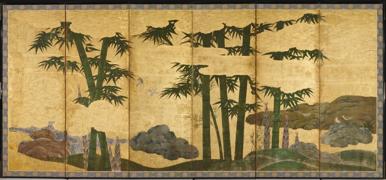 Moonlit Bamboo Grove, tidlig på 1500-tallet (par med seks panelskjermer; blekk, farge og gull på papir) av Japanese School