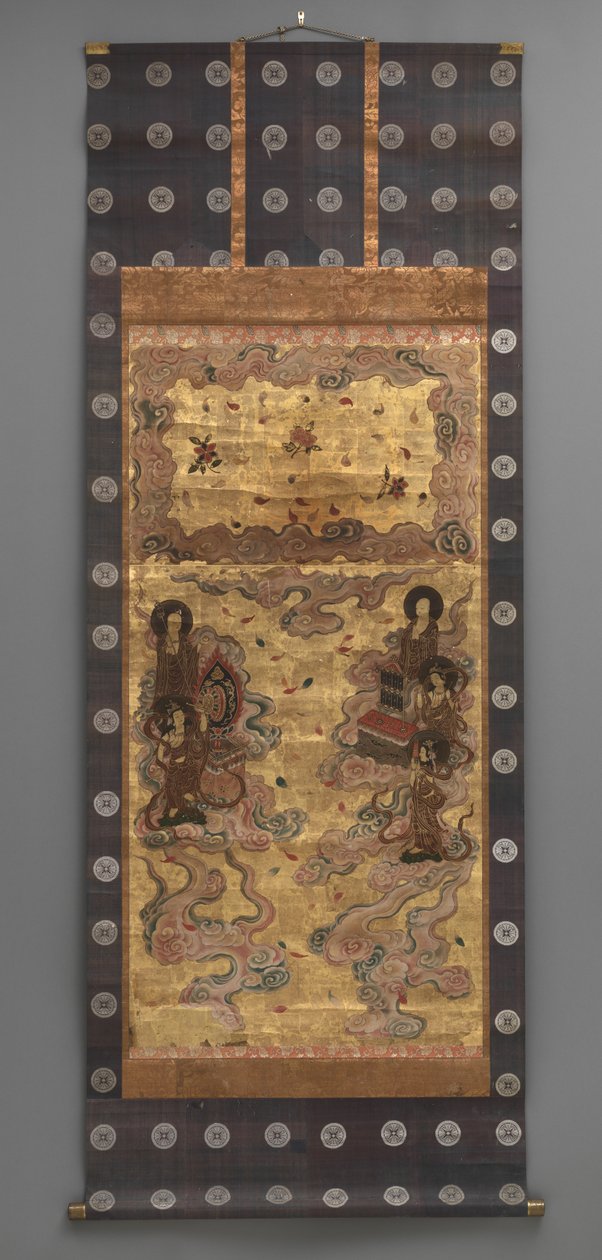 Veggmaleri: Nedstigning av tjuefem bodhisattvaer (deltakere av Amitabha-triaden), 1700-tallet (Triptyk hengende ruller: blekk, farge og gull blad på papir, messing) av Japanese School