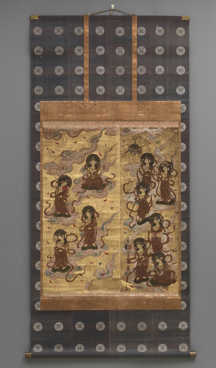 Veggmaleri: Nedstigning av tjuefem bodhisattvaer (deltakere av Amitabha-triaden), 1700-tallet (Triptyk hengende ruller: blekk, farge og gull blad på papir, messing) av Japanese School
