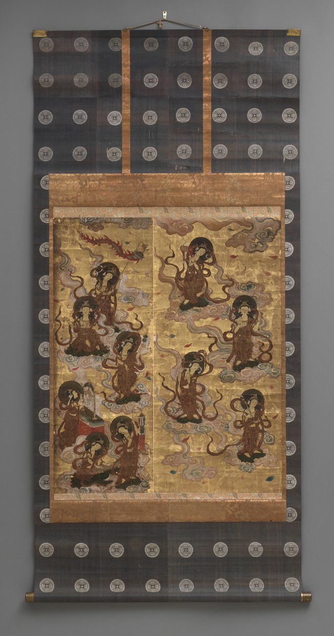 Veggmaleri: Nedstigning av tjuefem bodhisattvaer (deltakere av Amitabha-triaden), 1700-tallet (Triptyk hengende ruller: blekk, farge og gull blad på papir, messing) av Japanese School