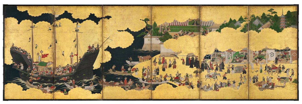 Nanban seksdelt skjerm som viser ankomsten til et portugisisk skip for handel, Edo-perioden av Japanese School