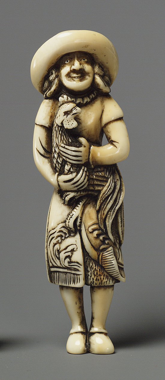 Netsuke modellerte som utlending med kirin, 1800-tallet (elfenben) av Japanese School