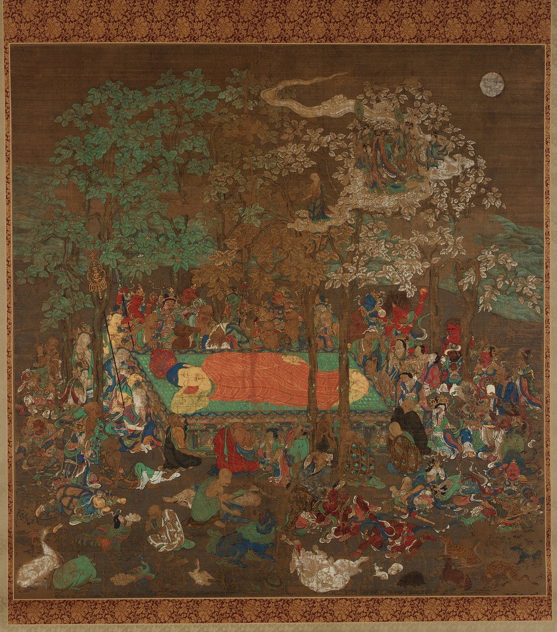 Nirvana of the Buddha, Kamakura-perioden (blekk, farge, gull og sølv på silke) av Japanese School